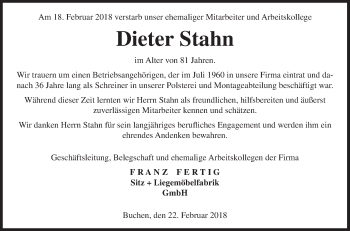 Traueranzeige von Dieter Stahn von Fränkische Nachrichten