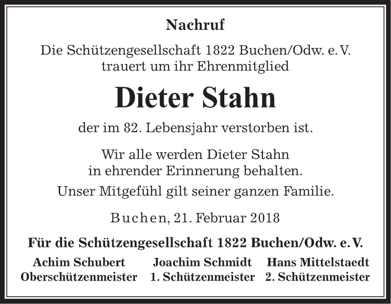  Traueranzeige für Dieter Stahn vom 21.02.2018 aus Fränkische Nachrichten