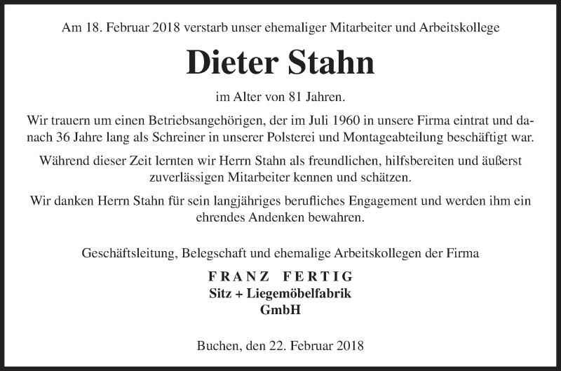  Traueranzeige für Dieter Stahn vom 22.02.2018 aus Fränkische Nachrichten