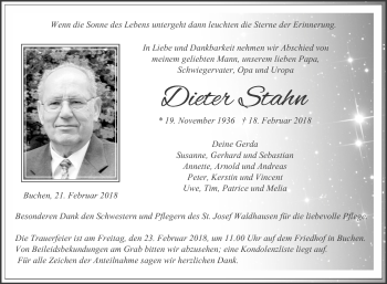 Traueranzeige von Dieter Stahn von Fränkische Nachrichten