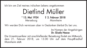 Traueranzeige von Dietlind Müller von Mannheimer Morgen