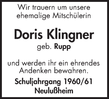 Traueranzeige von Doris Klingner von Schwetzinger Zeitung