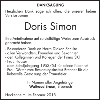 Traueranzeige von Doris Simon von Schwetzinger Zeitung