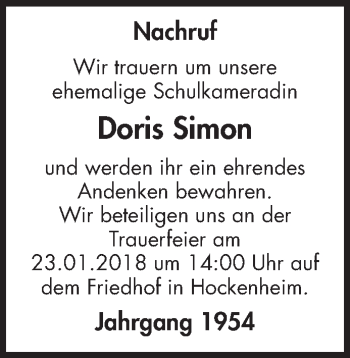 Traueranzeige von Doris Simon von Mannheimer Morgen / Schwetzinger Zeitung