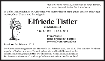 Traueranzeige von Elfriede Tistler von Fränkische Nachrichten