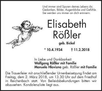 Traueranzeige von Elisabeth Rößler von Bergsträßer Anzeiger