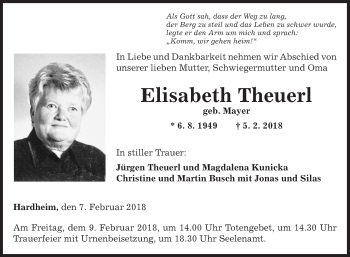 Traueranzeige von Elisabeth Theuerl von Fränkische Nachrichten