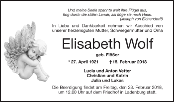 Traueranzeige von Elisabeth Wolf von Mannheimer Morgen