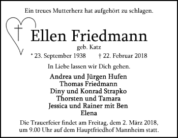 Traueranzeige von Ellen Friedmann von Mannheimer Morgen