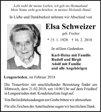 Traueranzeige von Elsa Schweizer von Fränkische Nachrichten