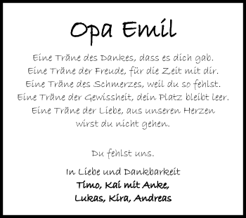 Traueranzeige von Emil Friedrich von Fränkische Nachrichten