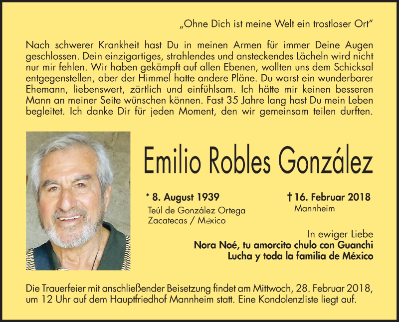  Traueranzeige für Emilio Robles Gonzalez vom 24.02.2018 aus Mannheimer Morgen