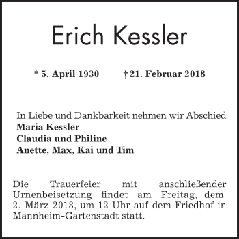 Traueranzeige von Erich Kessler von Mannheimer Morgen