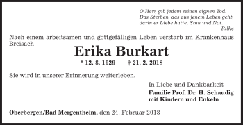 Traueranzeige von Erika Burkart von Fränkische Nachrichten