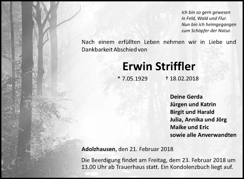  Traueranzeige für Erwin Striffler vom 21.02.2018 aus Fränkische Nachrichten