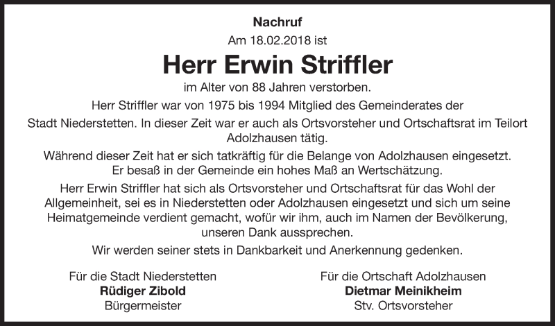  Traueranzeige für Erwin Striffler vom 22.02.2018 aus Fränkische Nachrichten