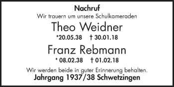 Traueranzeige von Franz Rebmann von Mannheimer Morgen / Schwetzinger Zeitung