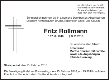 Traueranzeige von Fritz Rollmann von Fränkische Nachrichten