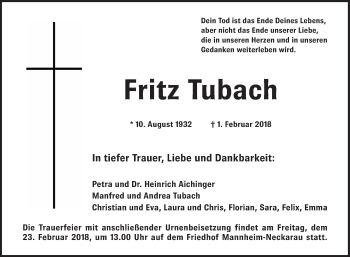 Traueranzeige von Fritz Tubach von Mannheimer Morgen