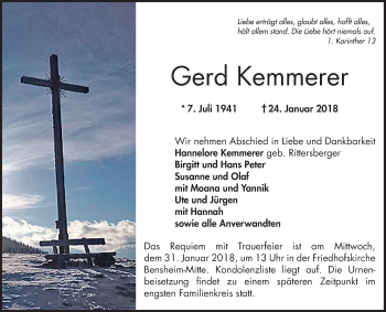 Traueranzeige von Gerd Kemmerer von Bergsträßer Anzeiger