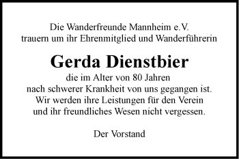 Traueranzeige von Gerda Dienstbier von Mannheimer Morgen