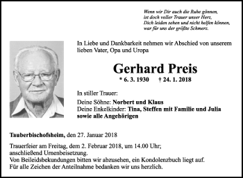 Traueranzeige von Gerhard Preis von Fränkische Nachrichten