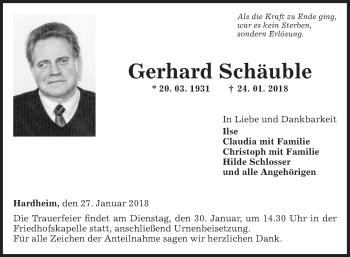 Traueranzeige von Gerhard Schäuble von Fränkische Nachrichten