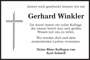 Traueranzeige von Gerhard Winkler von Fränkische Nachrichten