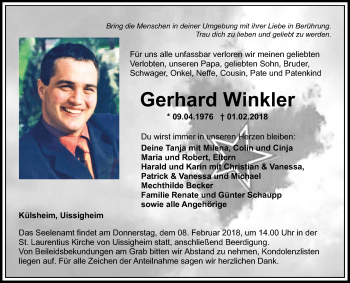 Traueranzeige von Gerhard Winkler von Fränkische Nachrichten