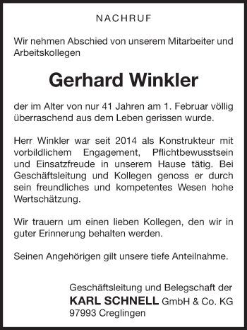 Traueranzeige von Gerhard Winkler von Fränkische Nachrichten