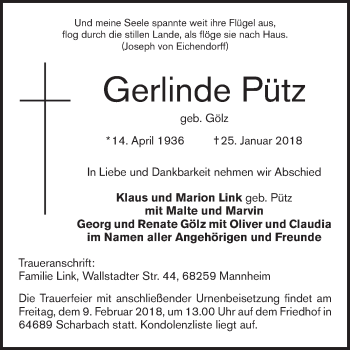 Traueranzeige von Gerlinde Pütz von Mannheimer Morgen / Schwetzinger Zeitung