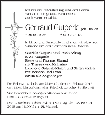 Traueranzeige von Gertraud Gutperle von Mannheimer Morgen