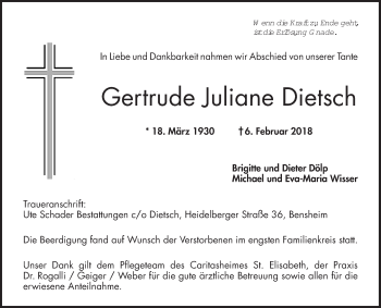 Traueranzeige von Gertrude Juliane Dietsch von Bergsträßer Anzeiger