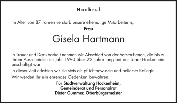 Traueranzeige von Gisela Hartmann von Schwetzinger Zeitung