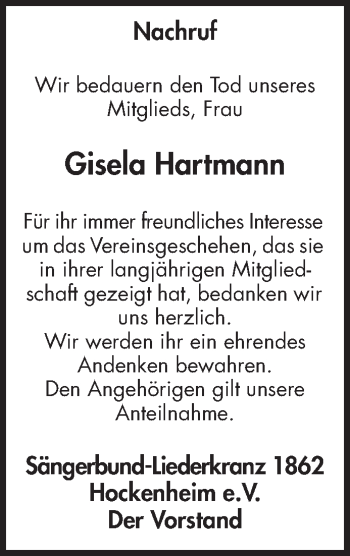 Traueranzeige von Gisela Hartmann von Schwetzinger Zeitung