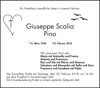 Traueranzeige von Giuseppe Scalia Pino von Schwetzinger Zeitung