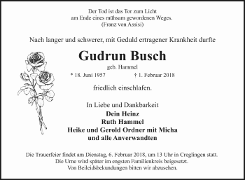 Traueranzeige von Gudrun Busch von Fränkische Nachrichten