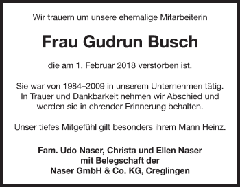 Traueranzeige von Gudrun Busch von Fränkische Nachrichten