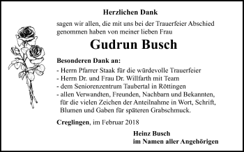 Traueranzeige von Gudrun Busch von Fränkische Nachrichten