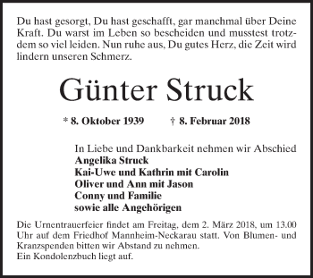 Traueranzeige von Günter Struck von Mannheimer Morgen
