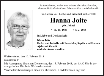 Traueranzeige von Hanna Joite von Fränkische Nachrichten