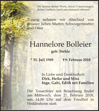 Traueranzeige von Hannelore Bolleier von Mannheimer Morgen