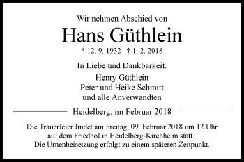 Traueranzeige von Hans Güthlein von Mannheimer Morgen / Schwetzinger Zeitung