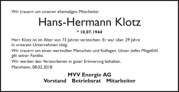 Traueranzeige von Hans-Hermann Klotz von Mannheimer Morgen