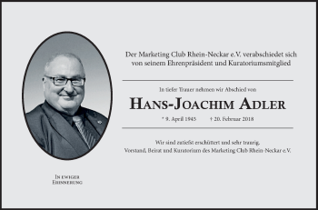 Traueranzeige von Hans-Joachim Adler von Mannheimer Morgen