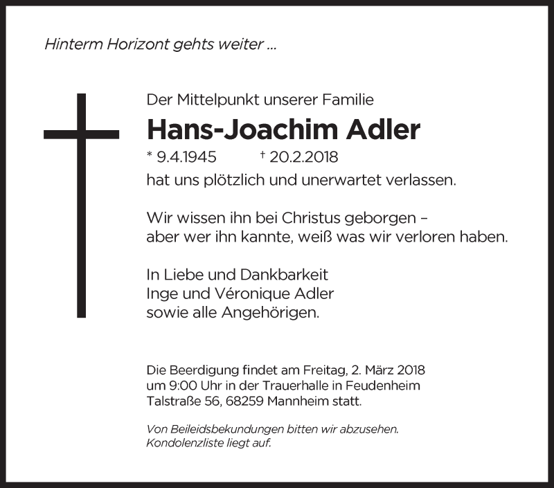  Traueranzeige für Hans-Joachim Adler vom 24.02.2018 aus Mannheimer Morgen