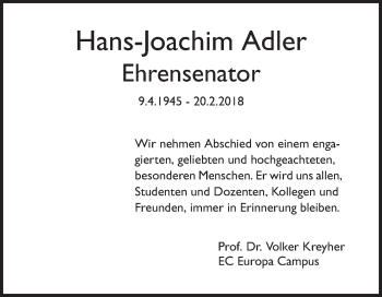 Traueranzeige von Hans-Joachim Adler von Mannheimer Morgen