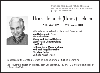 Traueranzeige von Hans Heinrich Heinz Heleine von Bergsträßer Anzeiger