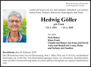 Traueranzeige von Hedwig Göller von Fränkische Nachrichten