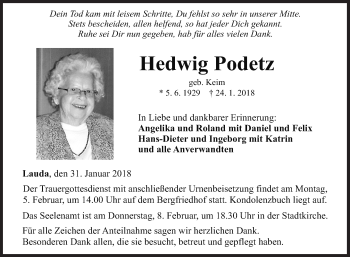 Traueranzeige von Hedwig Podetz von Fränkische Nachrichten